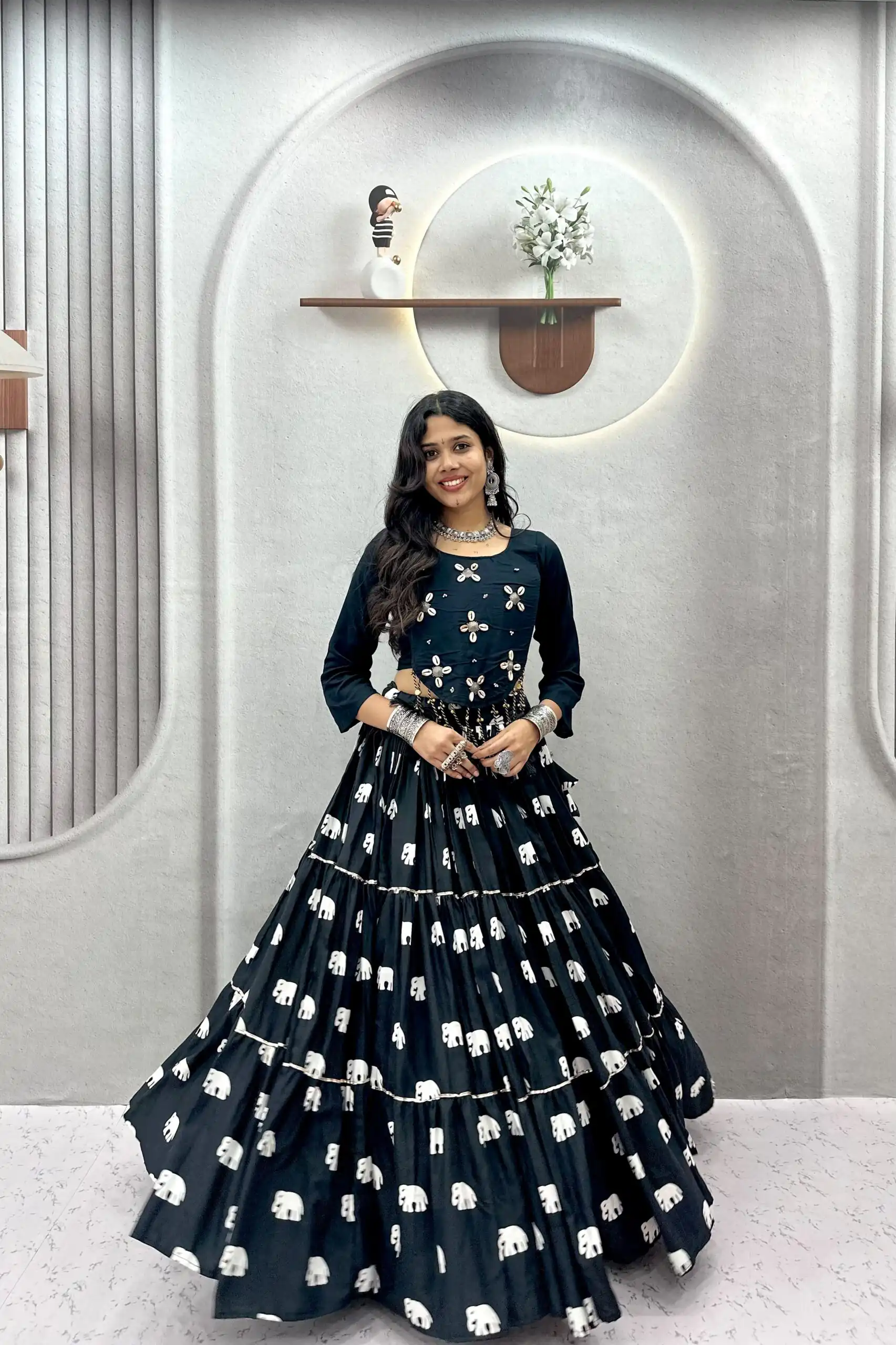 Ram 181 Black Color Pure Cotton Lehenga Choli with Cowrie Work. Festive Deal ₹2649. Delivery 4-6 Working Days. Online Shop now. | Lehenga, Bollywood Lehenga, Creative Lehenga, Designer Lehenga, Embroidered Lehenga, Party Wear Lehenga