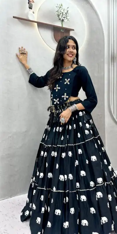 Ram 181 Black Color Pure Cotton Lehenga Choli with Cowrie Work. Festive Deal ₹2649. Delivery 4-6 Working Days. Online Shop now. | Lehenga, Bollywood Lehenga, Creative Lehenga, Designer Lehenga, Embroidered Lehenga, Party Wear Lehenga