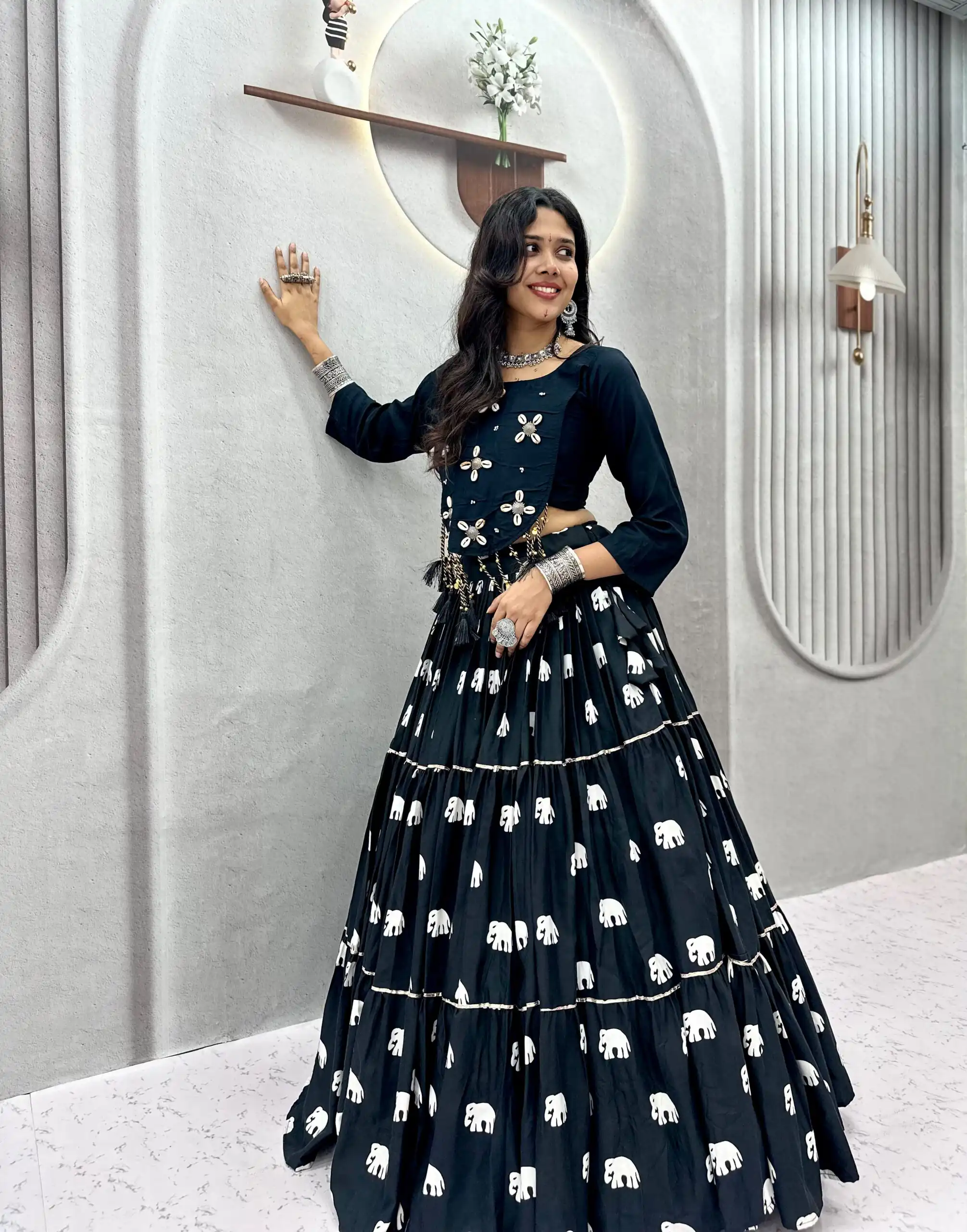 Ram 181 Black Color Pure Cotton Lehenga Choli with Cowrie Work. Festive Deal ₹2649. Delivery 4-6 Working Days. Online Shop now. | Lehenga, Bollywood Lehenga, Creative Lehenga, Designer Lehenga, Embroidered Lehenga, Party Wear Lehenga