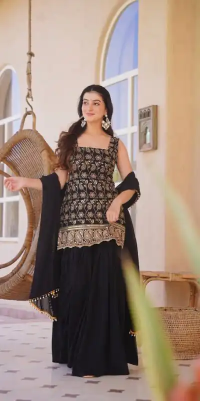 MD 3093 Black Blooming Faux Georgette Salwar Suit Perfect for Wedding, Party, Makar Sankranti, Baby Shower, Traditional Day – . Special Price ₹2149. Deliv | Jump Suits, Salwar suit, Designer Suits, Casual Suits, Creative suits, Palazzo Suits, Party Wear Suits, Patiala Suits, Straight Suits