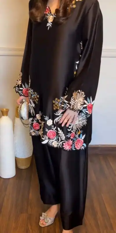KD 1618 Black Rayon Satin Salwar Suit with Thread Embroidery. Affordable Price ₹1999. Delivery 4-6 Working Days. Shop now. | Jump Suits, Salwar suit, Designer Suits, Casual Suits, Creative suits, Palazzo Suits, Party Wear Suits, Patiala Suits, Straight Suits