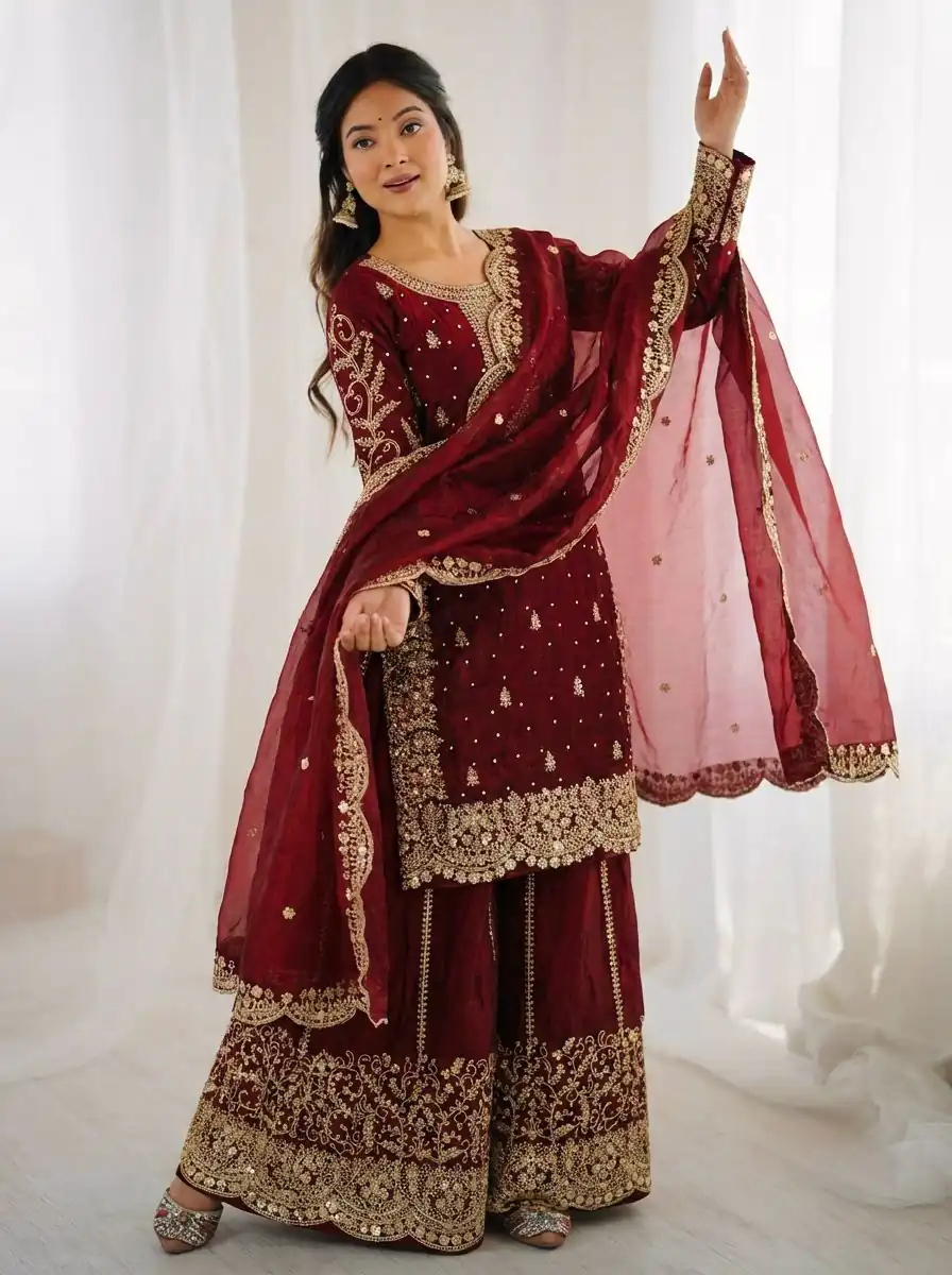 ZSR 3167 Maroon Fendy Silk Salwar Suitwith Embroidery Work & Lace Work. Now at just ₹2149. Delivery 4-6 Working Days. Shop now. | Jump Suits, Salwar suit, Designer Suits, Casual Suits, Creative suits, Palazzo Suits, Party Wear Suits, Patiala Suits, Straight Suits