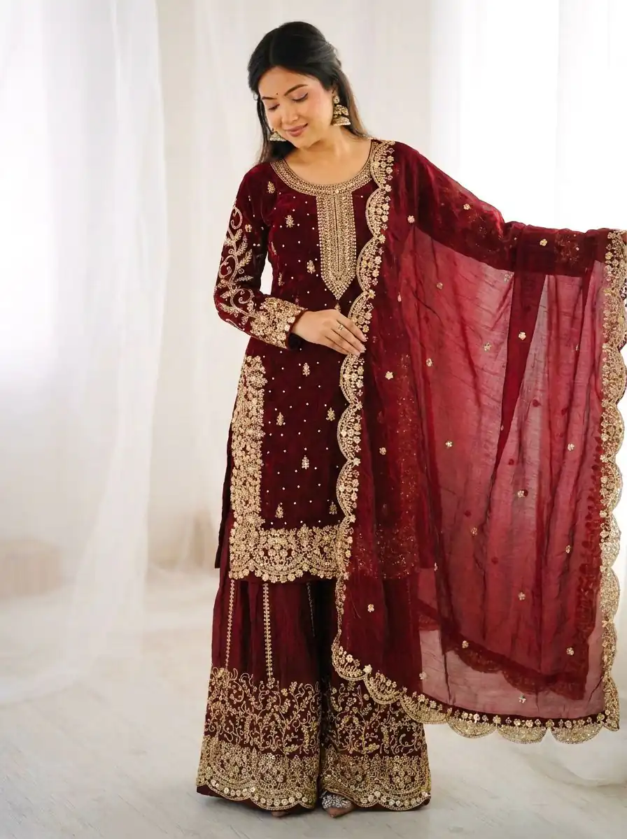 ZSR 3167 Maroon Fendy Silk Salwar Suitwith Embroidery Work & Lace Work. Now at just ₹2149. Delivery 4-6 Working Days. Shop now. | Jump Suits, Salwar suit, Designer Suits, Casual Suits, Creative suits, Palazzo Suits, Party Wear Suits, Patiala Suits, Straight Suits