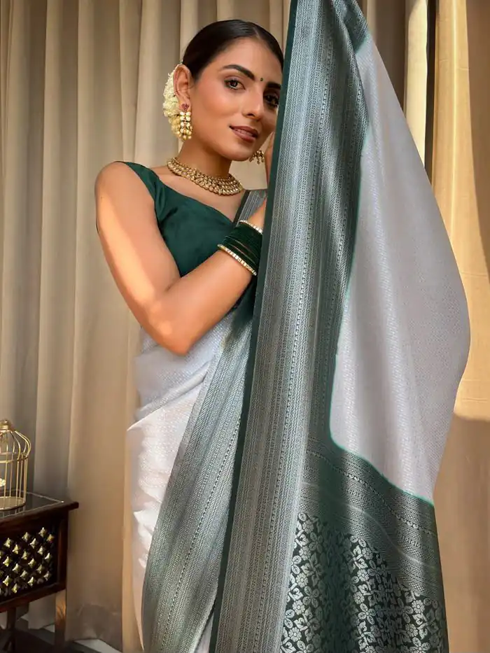 KPR 230 Silver Soft Lichi Silk Saree Perfect for Wedding, Party, Reception, Diwali, Ethnic Day – . Affordable Price ₹1449. Delivery 4-6 Working Days. | Sarees, Bollywood Sarees, Creative Sarees, Designer Sarees, Embroidered Sarees, Ethnic Saree, Modern Digital sarees, Party Wear Sarees