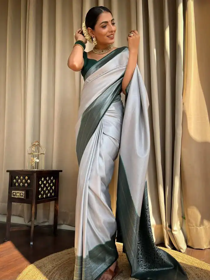 KPR 230 Silver Soft Lichi Silk Saree Perfect for Wedding, Party, Reception, Diwali, Ethnic Day – . Affordable Price ₹1449. Delivery 4-6 Working Days. | Sarees, Bollywood Sarees, Creative Sarees, Designer Sarees, Embroidered Sarees, Ethnic Saree, Modern Digital sarees, Party Wear Sarees