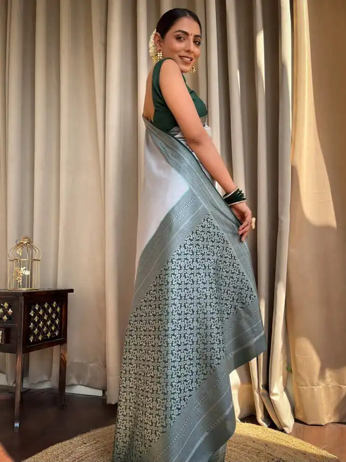 KPR 230 Silver Soft Lichi Silk Saree Perfect for Wedding, Party, Reception, Diwali, Ethnic Day – . Affordable Price ₹1449. Delivery 4-6 Working Days. | Sarees, Bollywood Sarees, Creative Sarees, Designer Sarees, Embroidered Sarees, Ethnic Saree, Modern Digital sarees, Party Wear Sarees