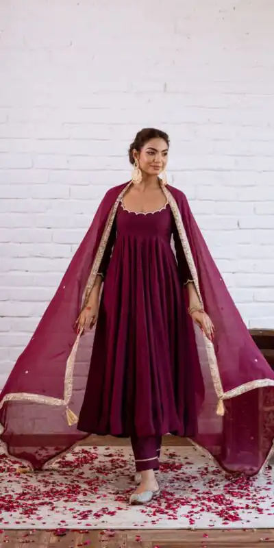SRK 5324 Wine Color Vichitra silk Gown with Bead Work & Lace Work. Now at just ₹1749. Delivery 4-6 Working Days. Shop now. | Gowns, Bollywood Gowns, Creative Gowns, Designer Gowns, Embroidered Gowns, Party Wear Gowns