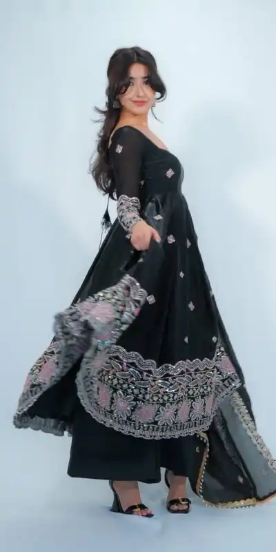 KD 1619 Black Color Fendy Silk Anarkali Suit with Thread Embroidery. Grab it for ₹2499. Delivery 4-6 Working Days. Shop now. | Anarkali Suits, Bollywood Anarkali, Creative-Anarkali, Designer Anarkali, Embroidered Anarkali, Party Wear Anarkali