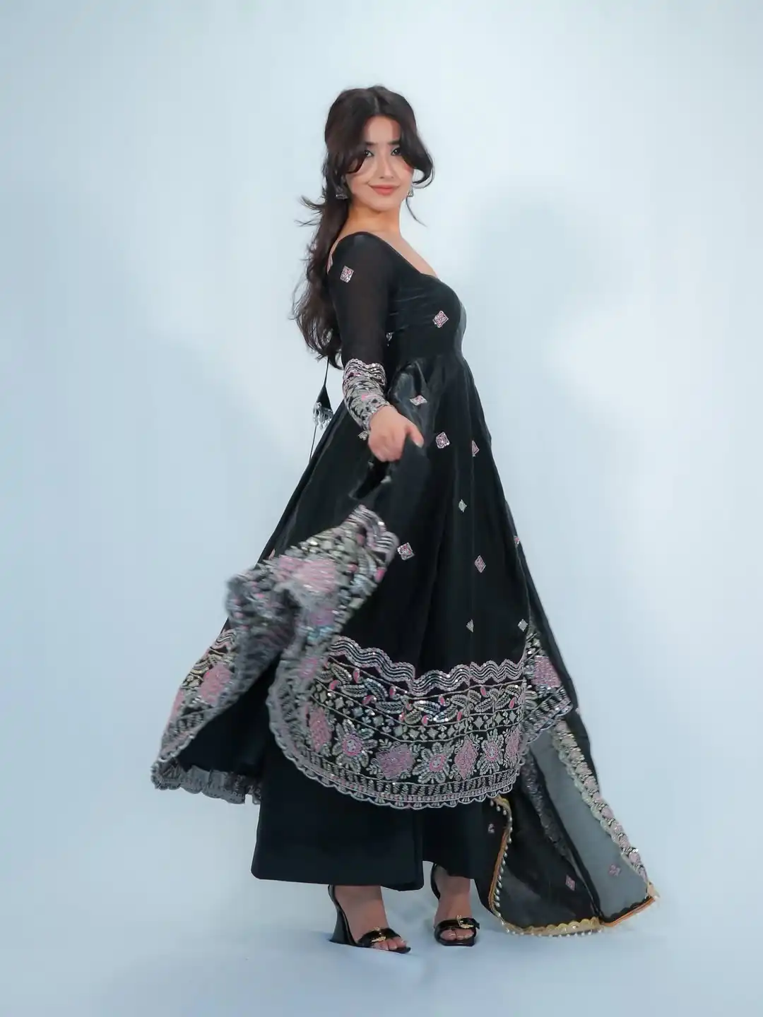 KD 1619 Black Color Fendy Silk Anarkali Suit with Thread Embroidery. Grab it for ₹2499. Delivery 4-6 Working Days. Shop now. | Anarkali Suits, Bollywood Anarkali, Creative-Anarkali, Designer Anarkali, Embroidered Anarkali, Party Wear Anarkali
