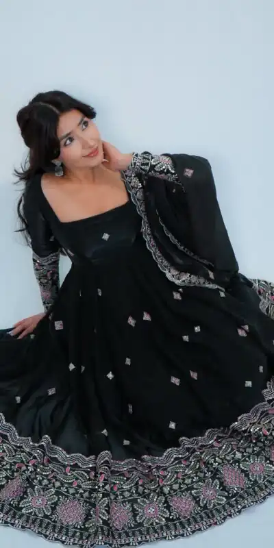 KD 1619 Black Color Fendy Silk Anarkali Suit with Thread Embroidery. Grab it for ₹2499. Delivery 4-6 Working Days. Shop now. | Anarkali Suits, Bollywood Anarkali, Creative-Anarkali, Designer Anarkali, Embroidered Anarkali, Party Wear Anarkali