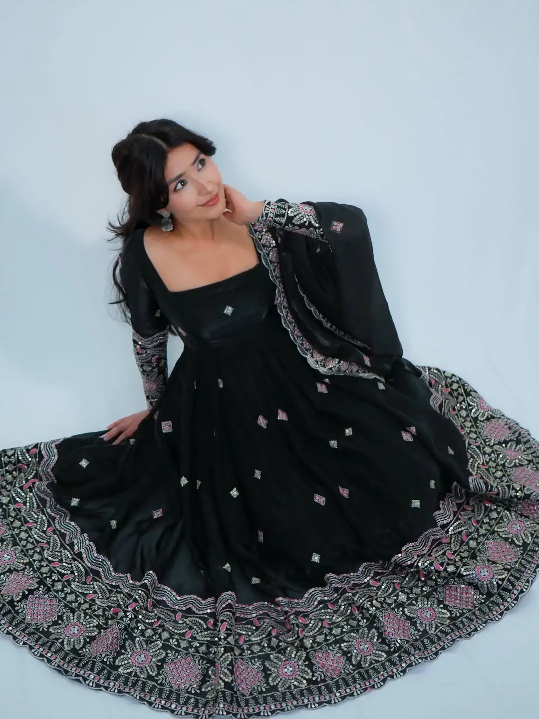 KD 1619 Black Color Fendy Silk Anarkali Suit with Thread Embroidery. Grab it for ₹2499. Delivery 4-6 Working Days. Shop now. | Anarkali Suits, Bollywood Anarkali, Creative-Anarkali, Designer Anarkali, Embroidered Anarkali, Party Wear Anarkali