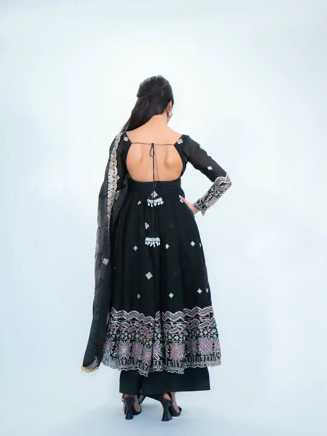 KD 1619 Black Color Fendy Silk Anarkali Suit with Thread Embroidery. Grab it for ₹2499. Delivery 4-6 Working Days. Shop now. | Anarkali Suits, Bollywood Anarkali, Creative-Anarkali, Designer Anarkali, Embroidered Anarkali, Party Wear Anarkali