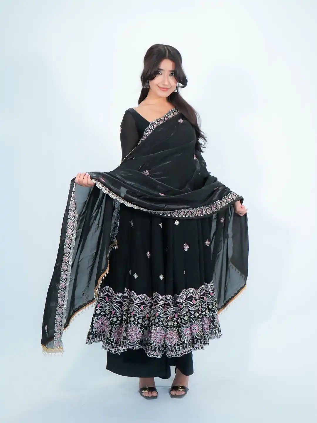 KD 1619 Black Color Fendy Silk Anarkali Suit with Thread Embroidery. Grab it for ₹2499. Delivery 4-6 Working Days. Shop now. | Anarkali Suits, Bollywood Anarkali, Creative-Anarkali, Designer Anarkali, Embroidered Anarkali, Party Wear Anarkali