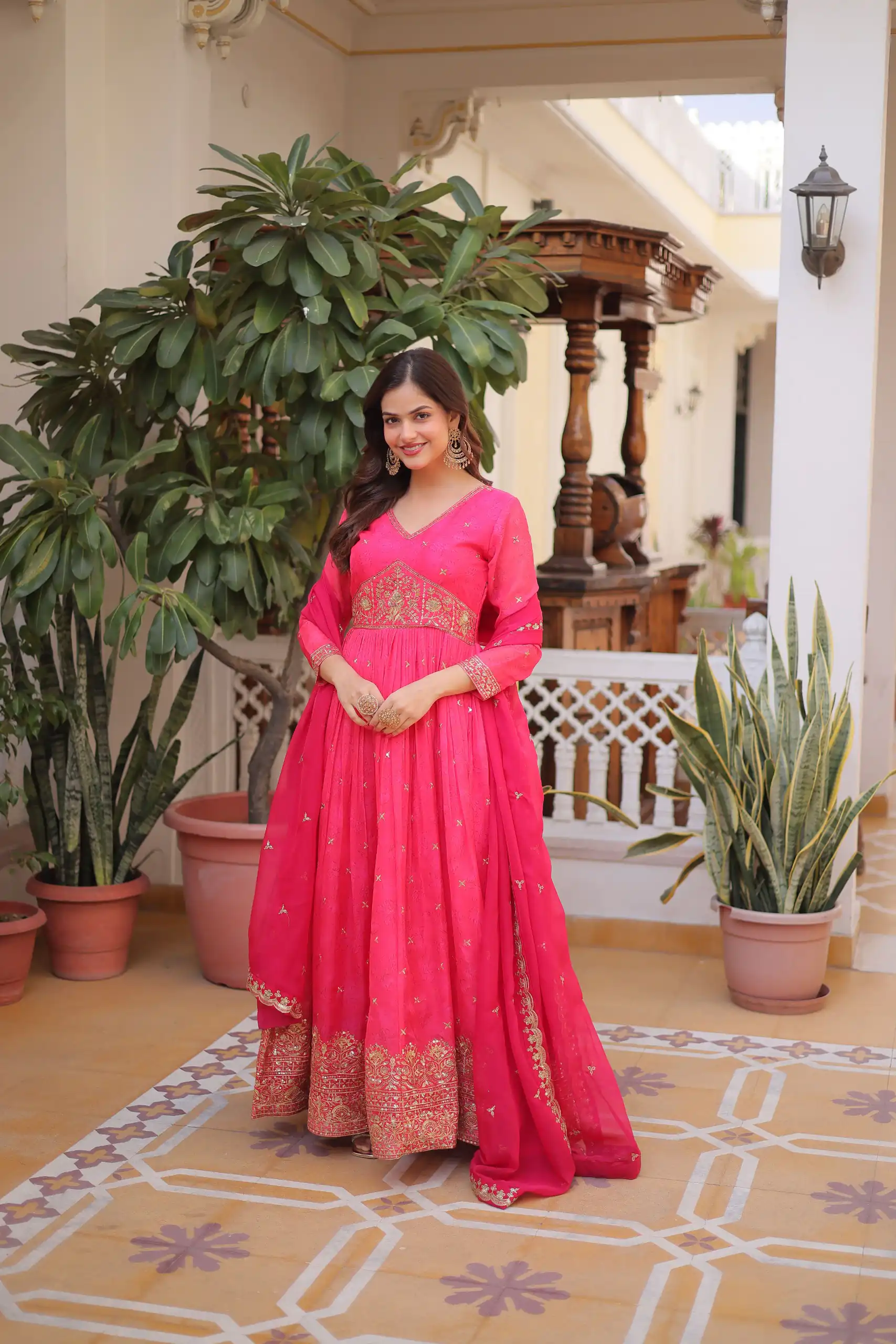 KA 1235 Pink Color Russian Silk Gown with Zari Work & Embroidery Work. Now at just ₹2499. Delivery 4-6 Working Days. Shop now. | Gowns, Bollywood Gowns, Creative Gowns, Designer Gowns, Embroidered Gowns, Party Wear Gowns