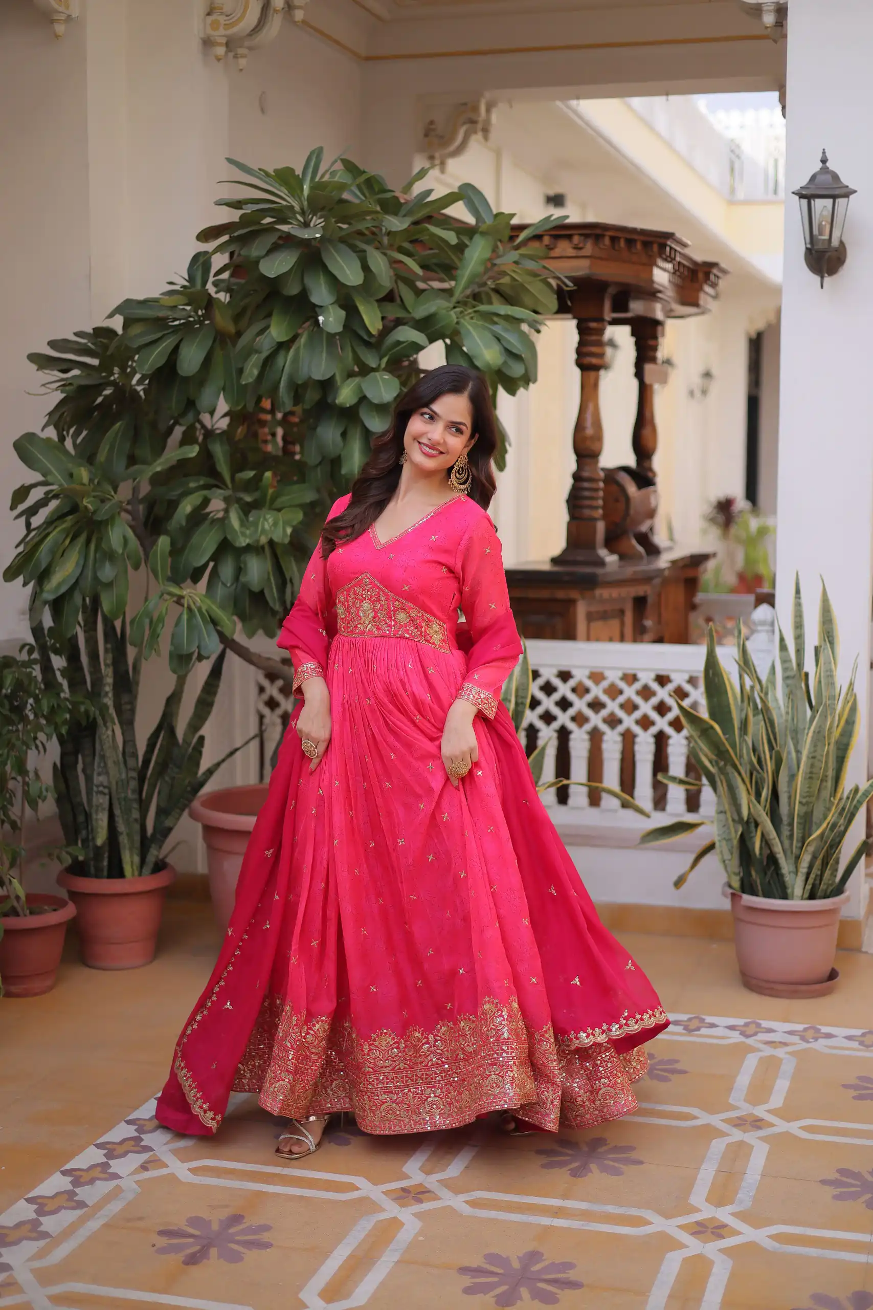 KA 1235 Pink Color Russian Silk Gown with Zari Work & Embroidery Work. Now at just ₹2499. Delivery 4-6 Working Days. Shop now. | Gowns, Bollywood Gowns, Creative Gowns, Designer Gowns, Embroidered Gowns, Party Wear Gowns