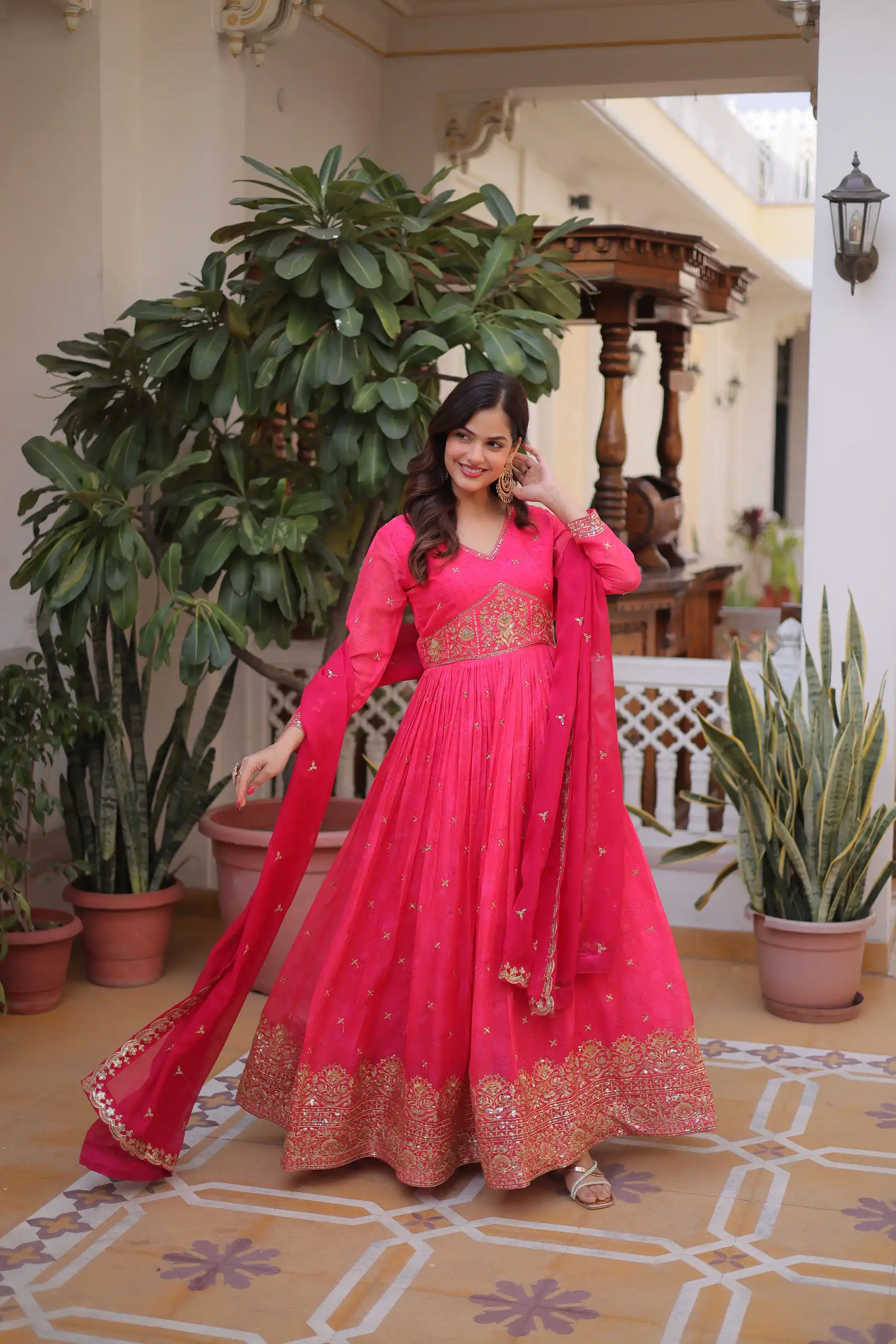 KA 1235 Pink Color Russian Silk Gown with Zari Work & Embroidery Work. Now at just ₹2499. Delivery 4-6 Working Days. Shop now. | Gowns, Bollywood Gowns, Creative Gowns, Designer Gowns, Embroidered Gowns, Party Wear Gowns
