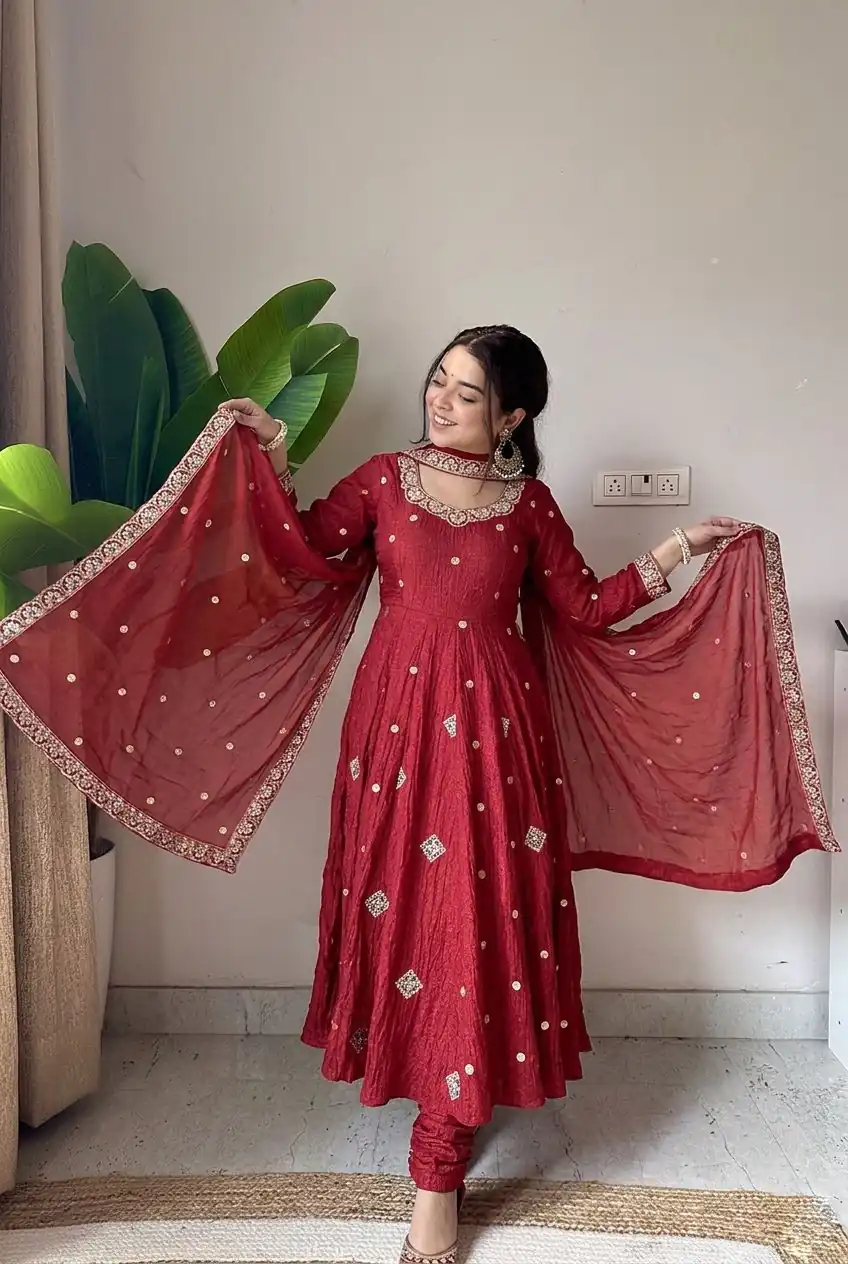 SRK 5351 Red Crunchy Silk Gown Perfect for Wedding, Party, Haldi, Anniversary, Holi – . Affordable Price ₹2149. Delivery 4-6 Working Days. Shop now. | Gowns, Bollywood Gowns, Creative Gowns, Designer Gowns, Embroidered Gowns, Party Wear Gowns