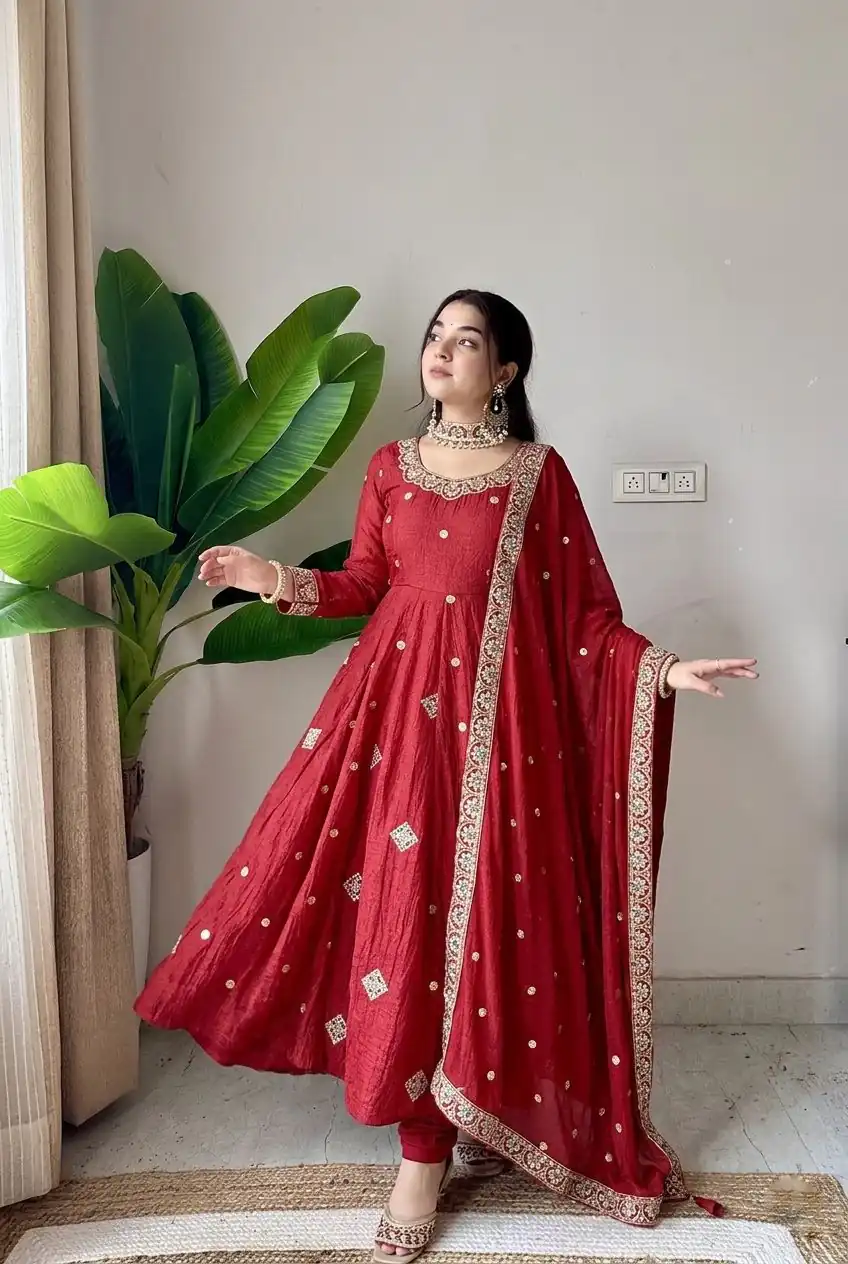 SRK 5351 Red Crunchy Silk Gown Perfect for Wedding, Party, Haldi, Anniversary, Holi – . Affordable Price ₹2149. Delivery 4-6 Working Days. Shop now. | Gowns, Bollywood Gowns, Creative Gowns, Designer Gowns, Embroidered Gowns, Party Wear Gowns