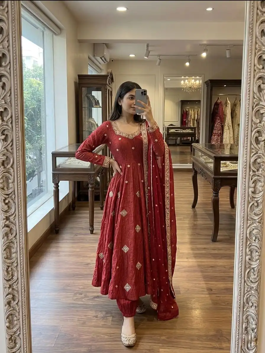 SRK 5351 Red Crunchy Silk Gown Perfect for Wedding, Party, Haldi, Anniversary, Holi – . Affordable Price ₹2149. Delivery 4-6 Working Days. Shop now. | Gowns, Bollywood Gowns, Creative Gowns, Designer Gowns, Embroidered Gowns, Party Wear Gowns