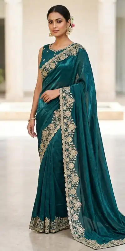 JR 670 Teal in Space Silk Embroidery Work & Zari Work Saree . Available at ₹1949 only. Delivery 4-6 Working Days. Shop now. | Sarees, Bollywood Sarees, Creative Sarees, Designer Sarees, Embroidered Sarees, Ethnic Saree, Modern Digital sarees, Party Wear Sarees