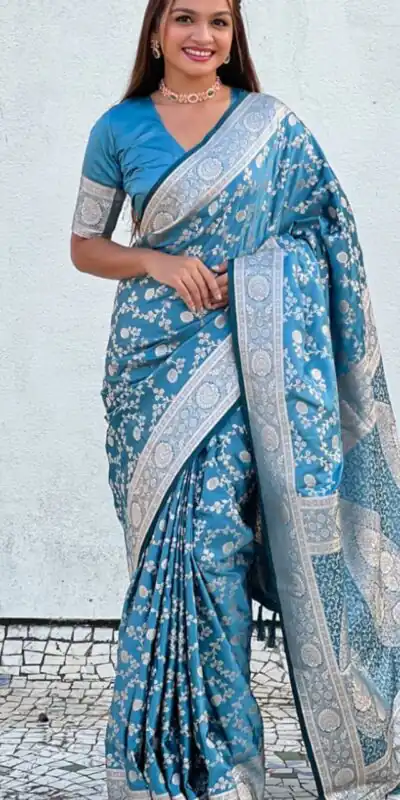KPR 290 Blue in Soft Lichi Silk Jacquard Work Designer Work Saree . Exclusive Offer ₹1349. Delivery 4-6 Working Days. Shop now. | Sarees, Bollywood Sarees, Creative Sarees, Designer Sarees, Embroidered Sarees, Ethnic Saree, Modern Digital sarees, Party Wear Sarees