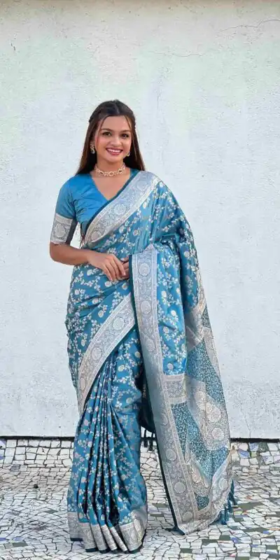 KPR 290 Blue in Soft Lichi Silk Jacquard Work Designer Work Saree . Exclusive Offer ₹1349. Delivery 4-6 Working Days. Shop now. | Sarees, Bollywood Sarees, Creative Sarees, Designer Sarees, Embroidered Sarees, Ethnic Saree, Modern Digital sarees, Party Wear Sarees
