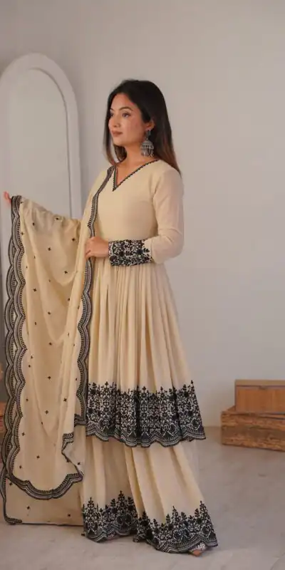 SP 71 Chiku Faux Georgette Salwar Suit with Embroidery Work. Available at ₹2499 only. Delivery 4-6 Working Days. Shop now. | Jump Suits, Salwar suit, Designer Suits, Casual Suits, Creative suits, Palazzo Suits, Party Wear Suits, Patiala Suits, Straight Suits