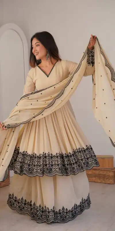 SP 71 Chiku Faux Georgette Salwar Suit with Embroidery Work. Available at ₹2499 only. Delivery 4-6 Working Days. Shop now. | Jump Suits, Salwar suit, Designer Suits, Casual Suits, Creative suits, Palazzo Suits, Party Wear Suits, Patiala Suits, Straight Suits