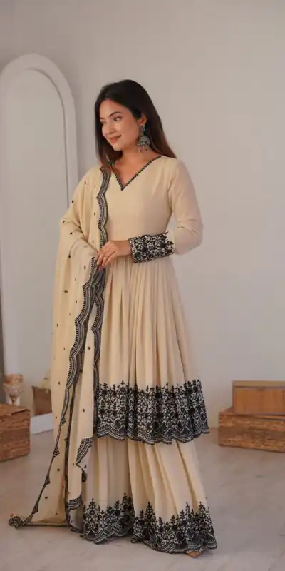 SP 71 Chiku Faux Georgette Salwar Suit with Embroidery Work. Available at ₹2499 only. Delivery 4-6 Working Days. Shop now. | Jump Suits, Salwar suit, Designer Suits, Casual Suits, Creative suits, Palazzo Suits, Party Wear Suits, Patiala Suits, Straight Suits
