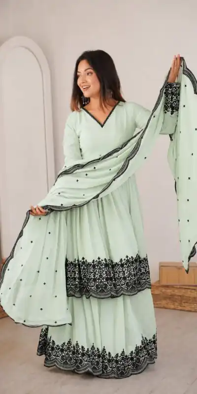 SP 71 Pista Faux Georgette Salwar Suit with Embroidery Work. Available at ₹2499 only. Delivery 4-6 Working Days. Shop now. | Jump Suits, Salwar suit, Designer Suits, Casual Suits, Creative suits, Palazzo Suits, Party Wear Suits, Patiala Suits, Straight Suits
