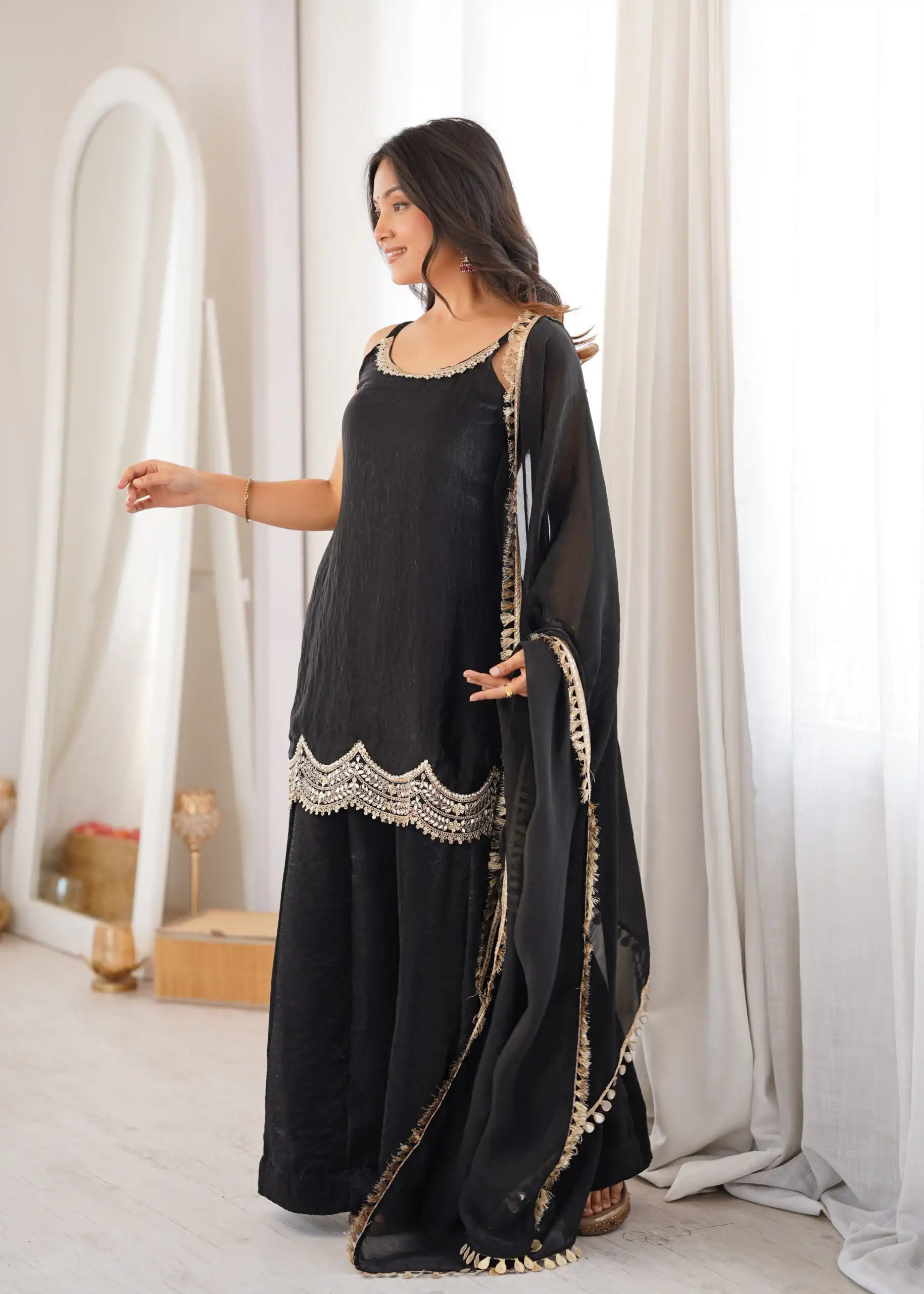 Aglow Black Fendy Silk ⁠Embroidery Mirror Work Salwar Suit - Image 6