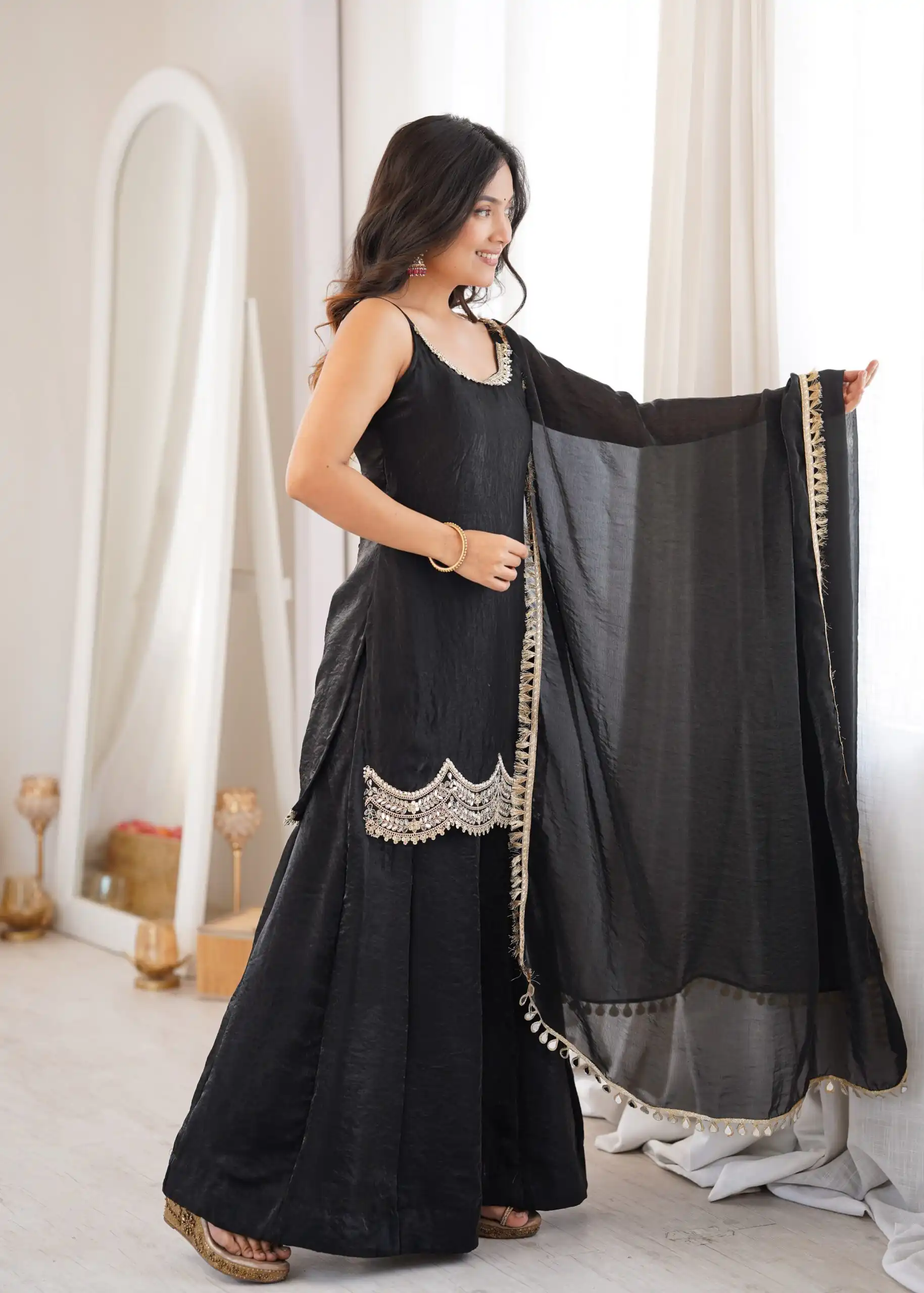 Aglow Black Fendy Silk ⁠Embroidery Mirror Work Salwar Suit - Image 8