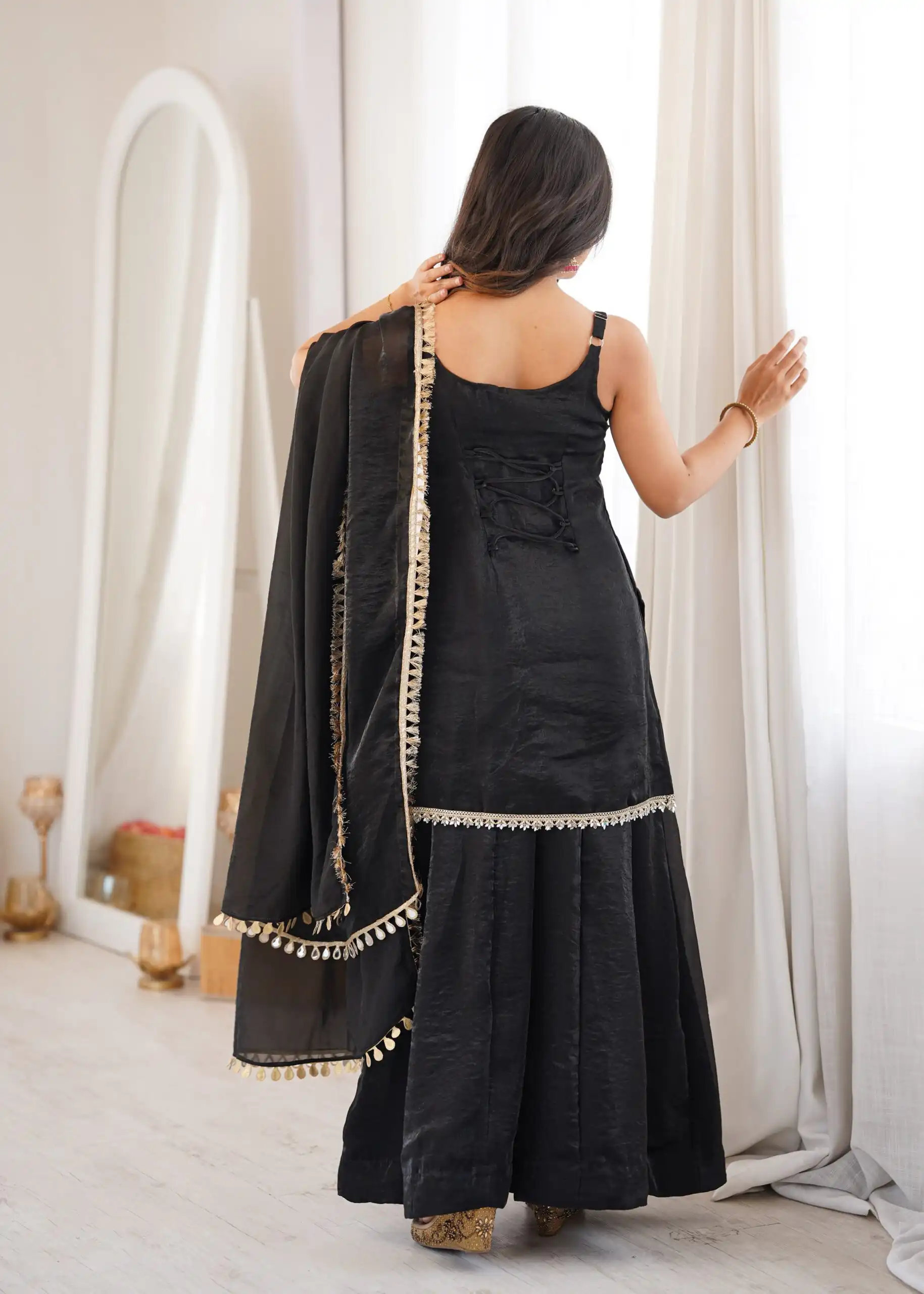 Aglow Black Fendy Silk ⁠Embroidery Mirror Work Salwar Suit - Image 19