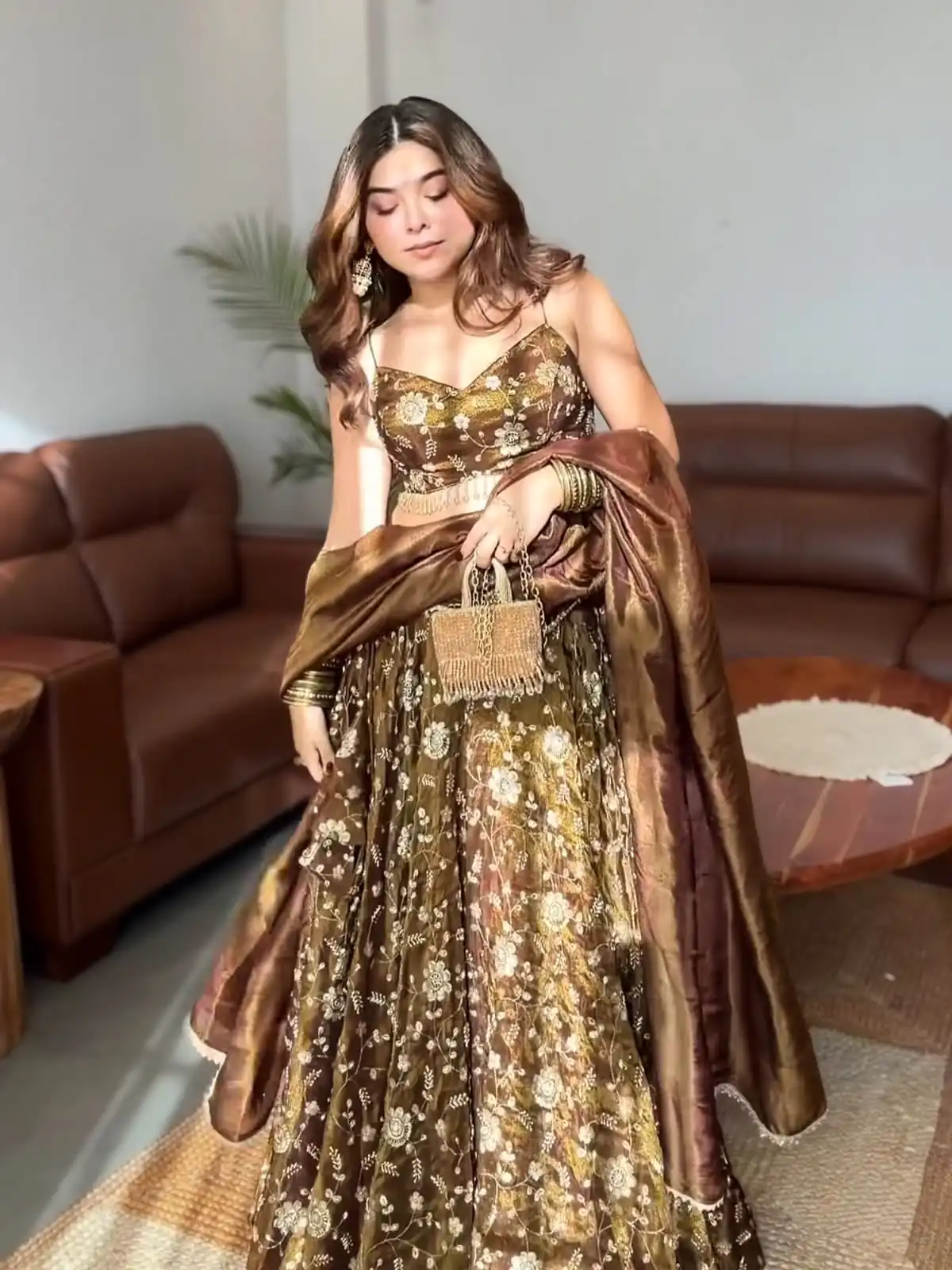 Aglow Brown Fandy Silk ⁠With Sequins Work Lehenga Choli - Image 2