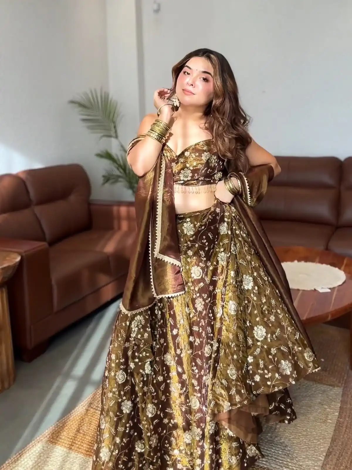 Aglow Brown Fandy Silk ⁠With Sequins Work Lehenga Choli