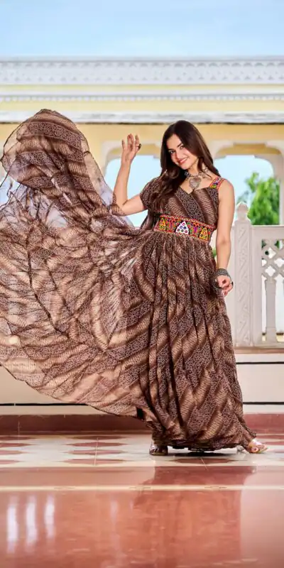 Alternative view of Aglow Brown Faux Georgette Printed Mirror Work Gown