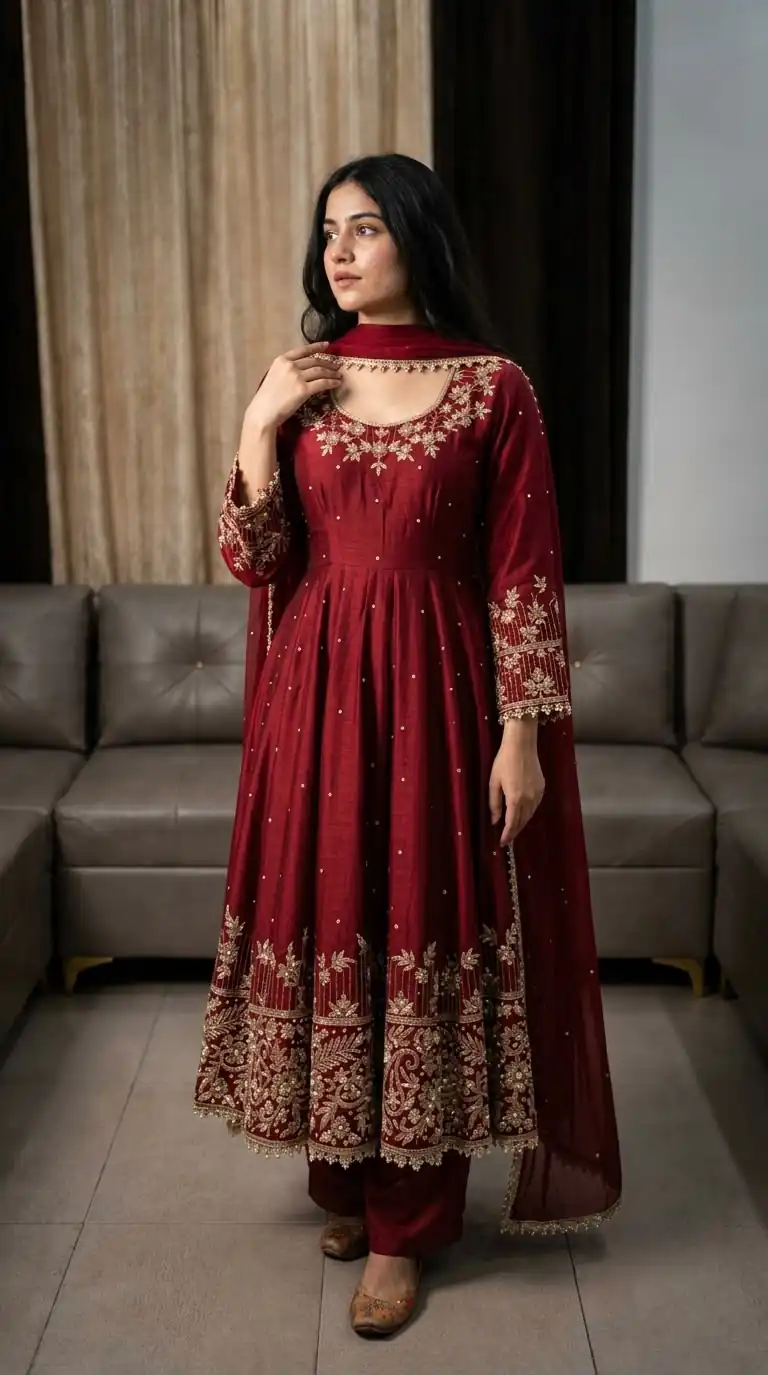 Aglow Maroon Faux Georgette Embroidery Work Gown - Image 4