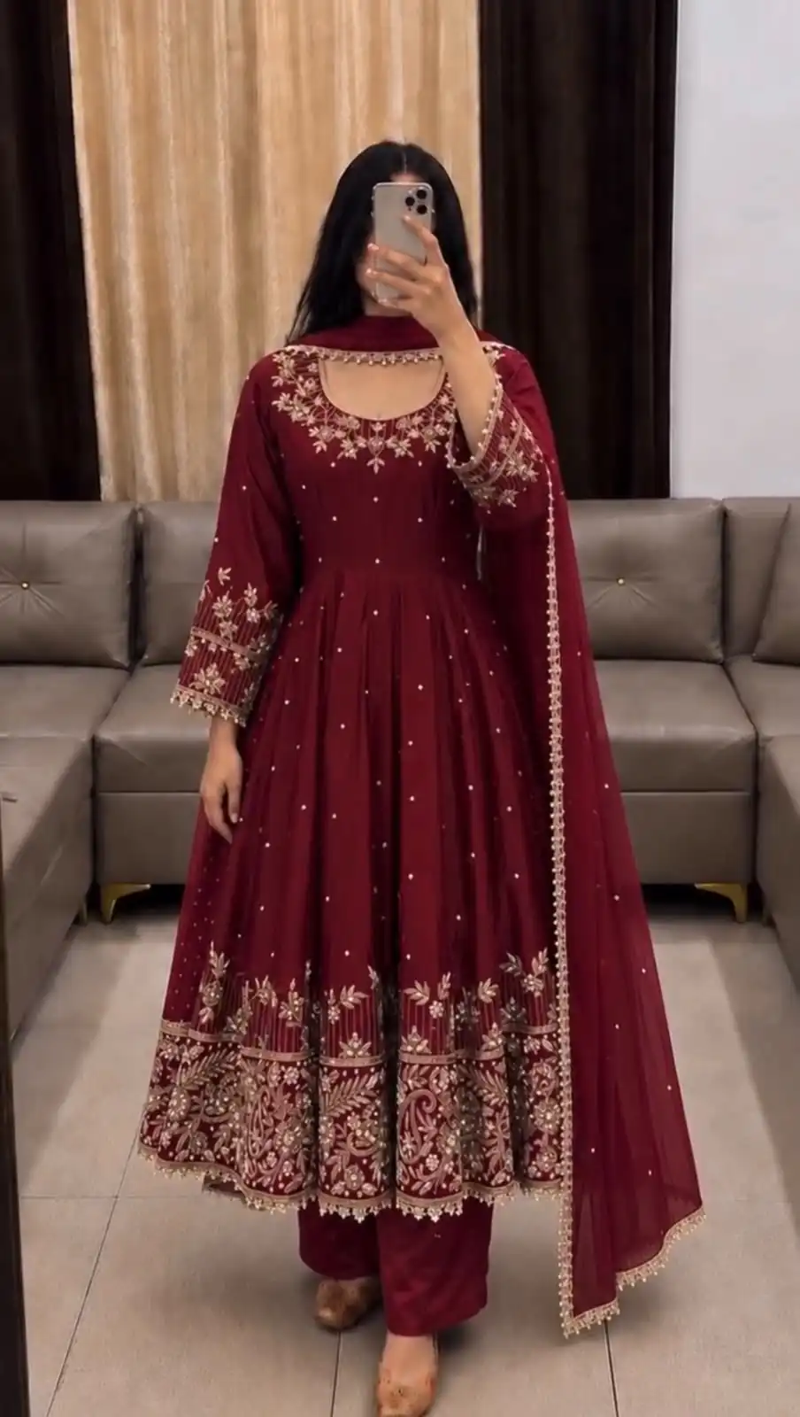 Aglow Maroon Faux Georgette Embroidery Work Gown