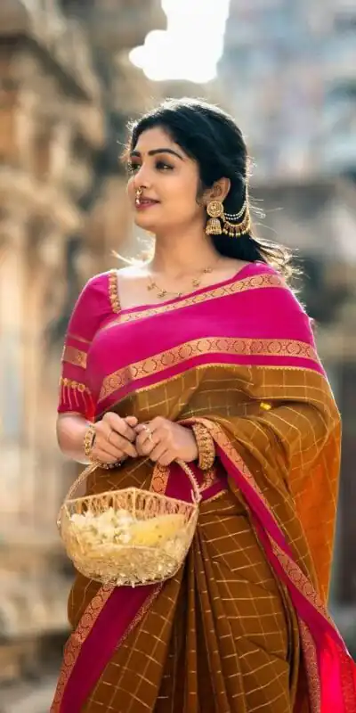 Alternative view of Aglow Mustered Soft Lichi Silk Jacquard Work Saree