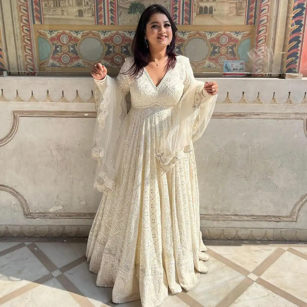 Aglow White Fox Georgette Embroider Work Gown - Image 3