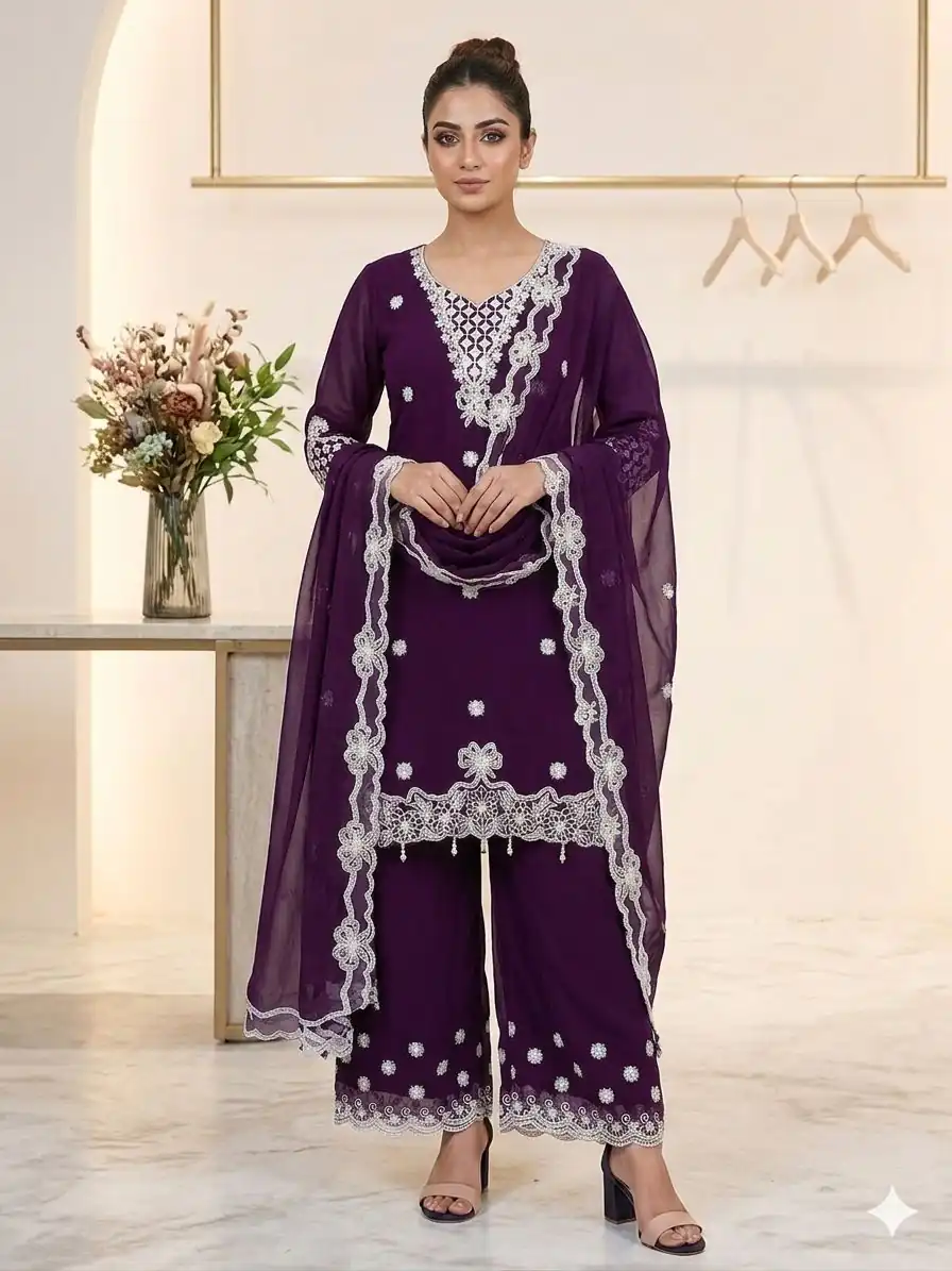 Aglow Wine Georgette Embroidery Work Salwar Suit