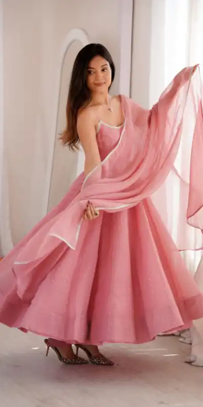 Alternative view of Alluring Pink Crunchy Silk Piroshki Work Anarkali Suit