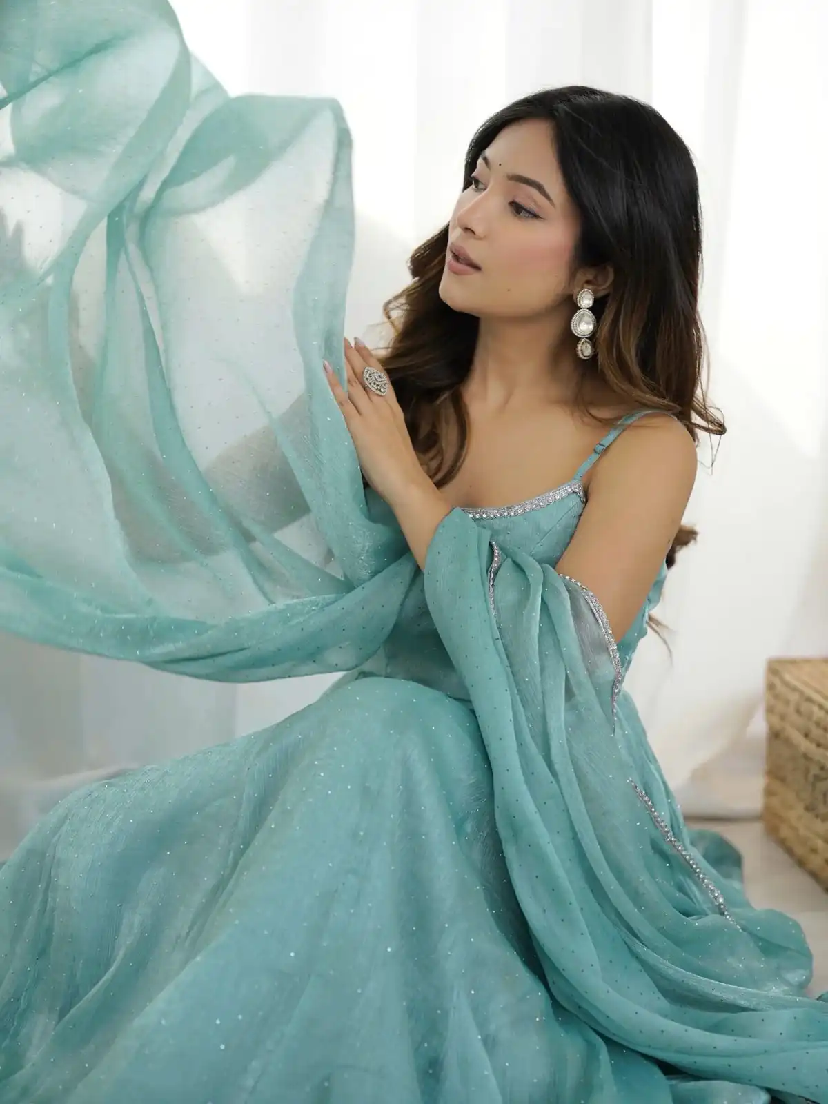 Alluring Sky Blue Crunchy Silk Piroshki Work Anarkali Suit - Image 6