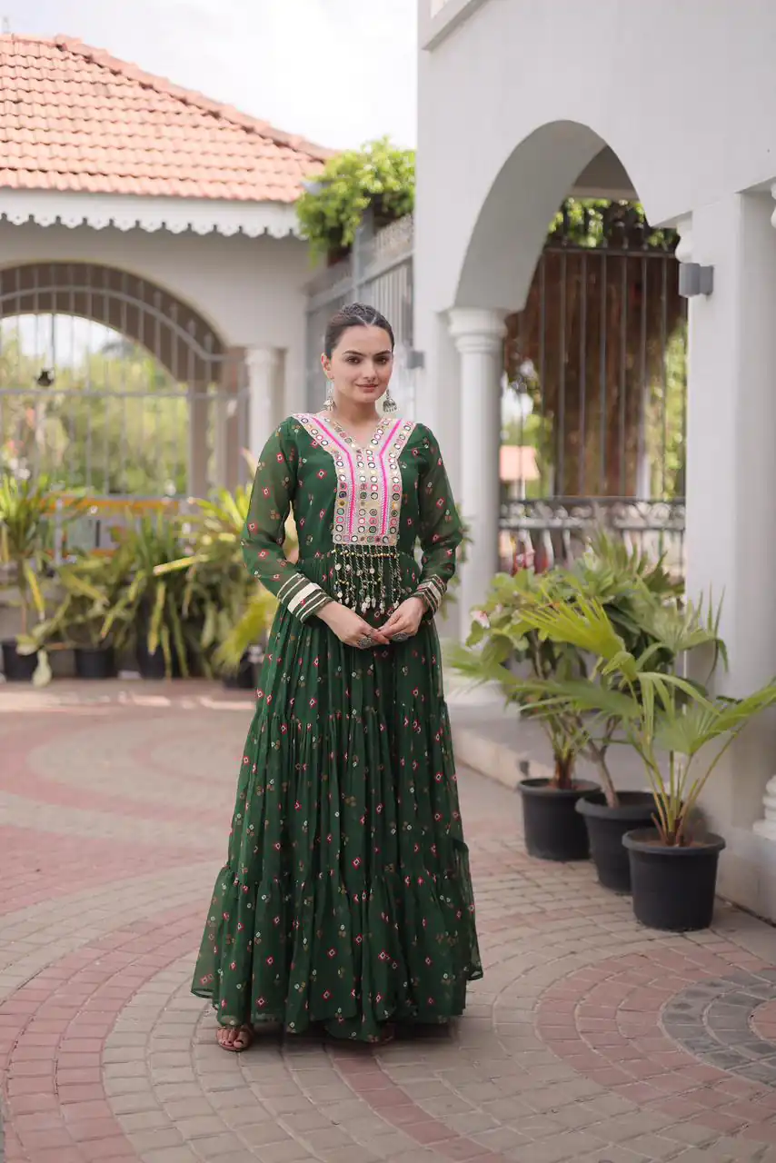 Cool Green Faux Georgette Laheriya Print Work Gown - Image 4