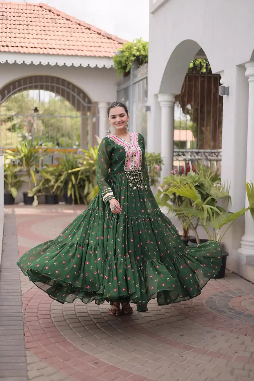 Cool Green Faux Georgette Laheriya Print Work Gown - Image 3