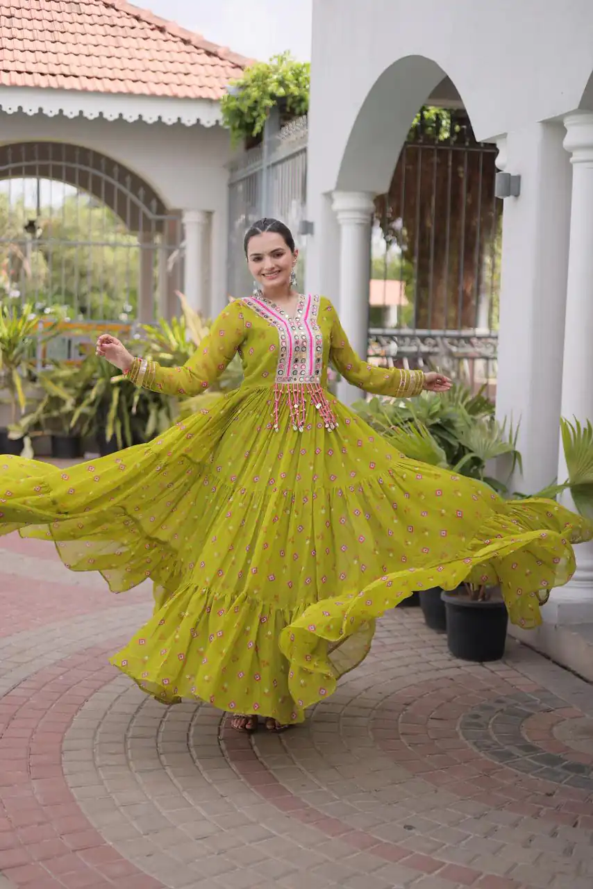 Cool Lime Yellow Faux Georgette Laheriya Print Work Gown