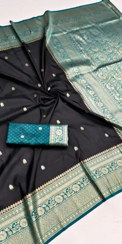 Alternative view of Elegant Black Soft Banarasi Silk Zari Moti Work Saree