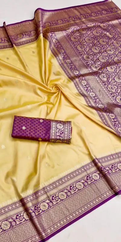 Alternative view of Elegant Cream Soft Banarasi Silk Zari Moti Work Saree