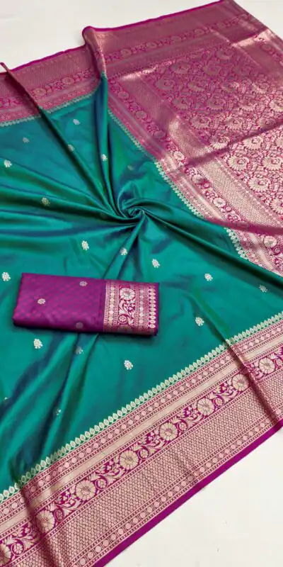 Alternative view of Elegant Firozi Soft Banarasi Silk Zari Moti Work Saree