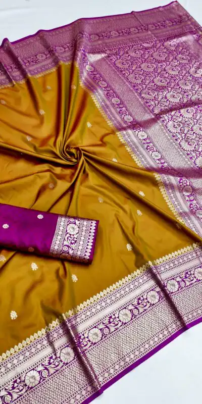 Alternative view of Elegant Mustered Soft Banarasi Silk Zari Moti Work Saree